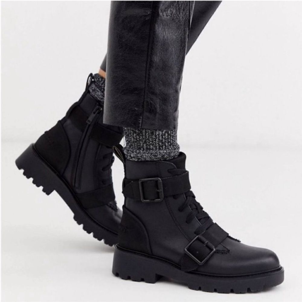 Ugg Noe Combat Moto Leather Black Lug Sole Buckle Boot‎ Women Sz 8 Military Cop
